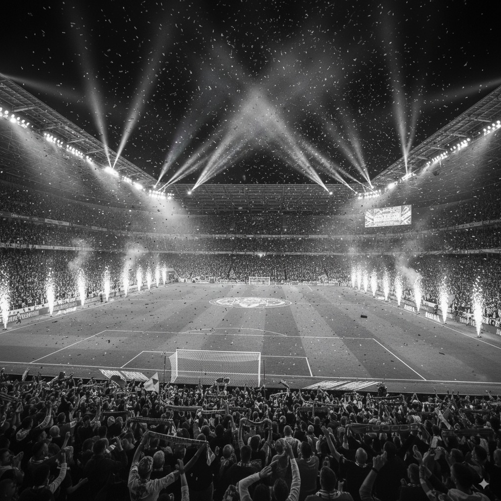 An illuminated football stadium filled with supporters